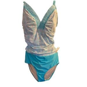 CABANA LIFE x TALBOTS Teal Coral Pink 2-Piece Tankini Swimsuit Size Large UV Pro